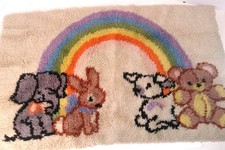 Vintage Completed Shillcraft Latchhook for Baby's Room, Animals, Rainbow 31"x20"