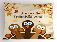 Turkey Pillow Sham, Happy Thanksgiving Falling Leaves and Poultry Birds Harvest