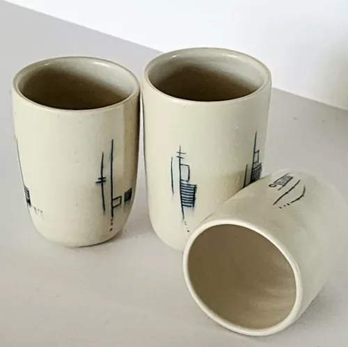 3 Studio Art Pottery Sake Mishima Tea Cups Hand Thrown Porcelain Cobalt Ceramics