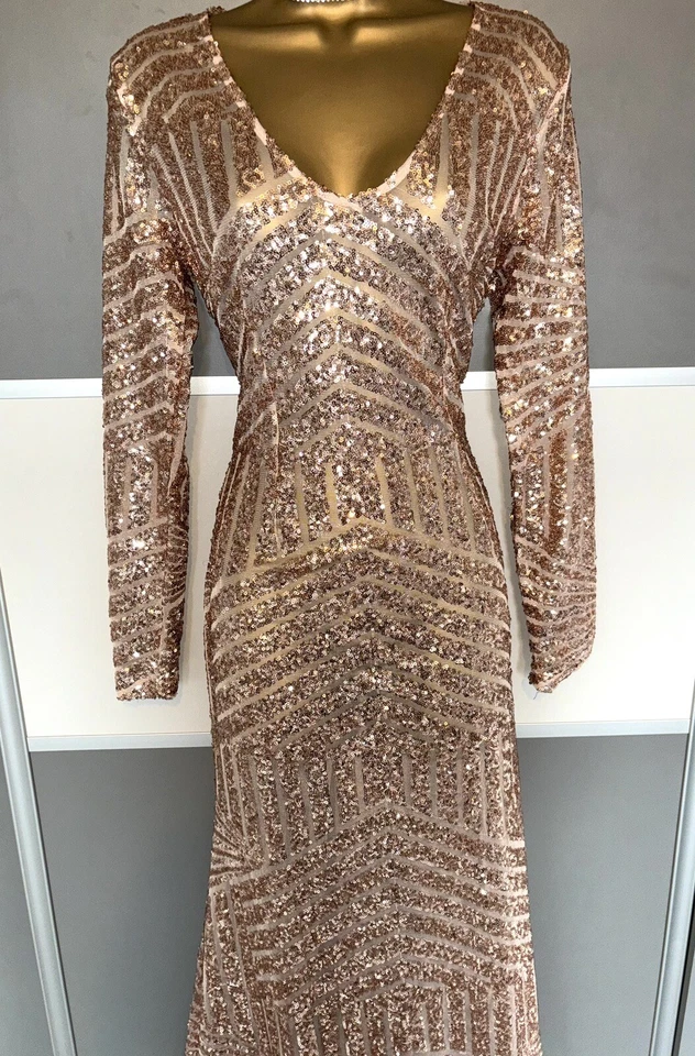 Elegante Maxi Vestido Oro Rosa Lentejuelas Noche Ocasión Crucero Cóctel Fiesta Talla 8 Foto 3 de 4