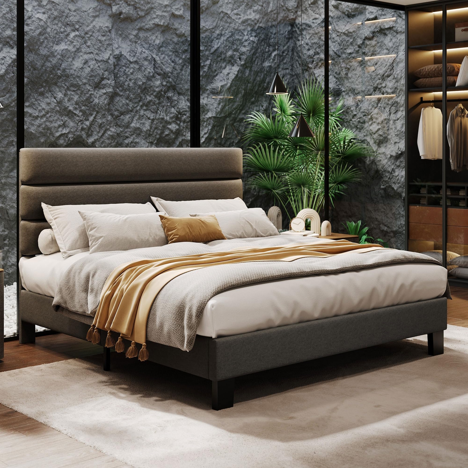 Queen Bed Frame w/ Adjustable Headboard Platform Bed Frame & Wooden Slat Support