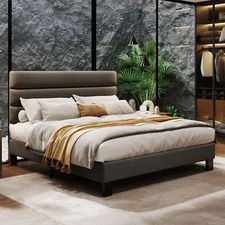 Modern Queen Size Bed Frame with Adjustable Headboard and Wooden Slats Support