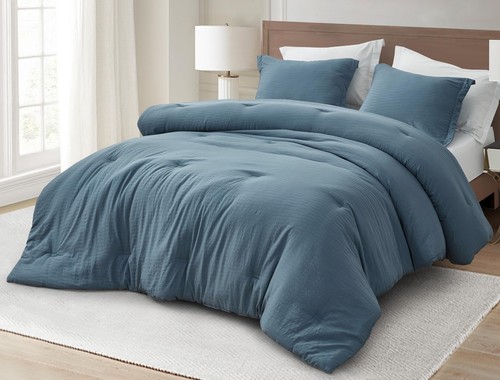 Chezmoi Collection Calvin 3-Piece Jacquard Comforter Set King Size, Blue Text... - Picture 2 of 9