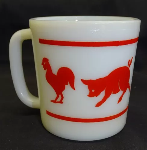 Hazel Atlas Farm Animals Child's Mug - Milk Glass Red Design