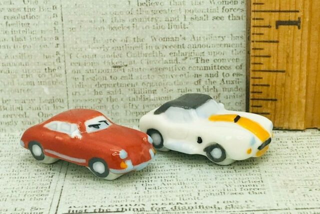 2 Tiny Cars Autos Model Race Car Sedan Red French Feves Dollhouse Miniatures 2 Tiny Cars Autos Model Race Car Sedan Red French Feves Dollhouse Miniatures