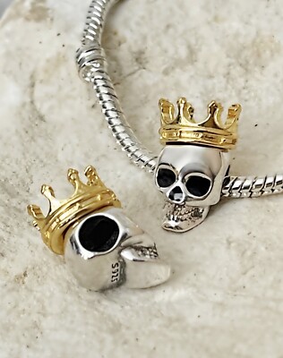 King Royal Skull Charm, S925 Sterling Silver Charm for Bracelet, Skull Jewelry