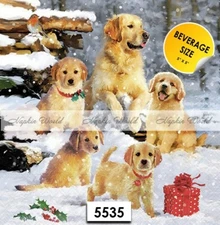 (5535) TWO Paper BEVERAGE / COCKTAIL Decoupage Art Craft Napkins CHRISTMAS DOGS