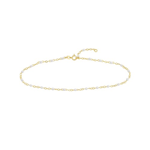 2mm Regolabile Smalto Bianco Perlina Stazione Cavigliera Vero 14K Oro Giallo