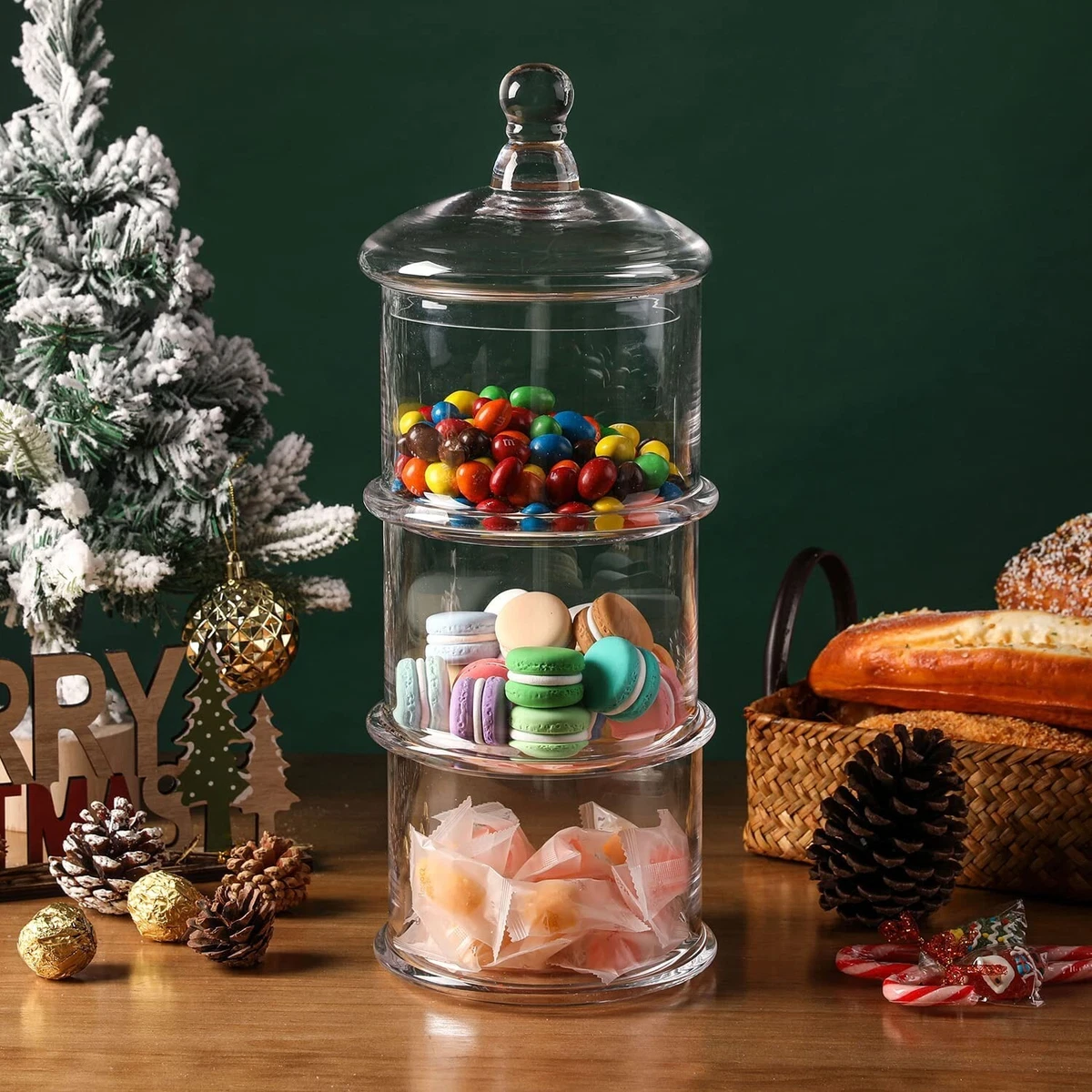 3Tier Clear Stacking Apothecary Jars,Round Glass Candy and Cookie Storage  Dishes