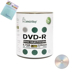 100 Smartbuy DVD-R 16X 4.7GB Silver Inkjet Printable Disc+FREE Micro Fiber Cloth