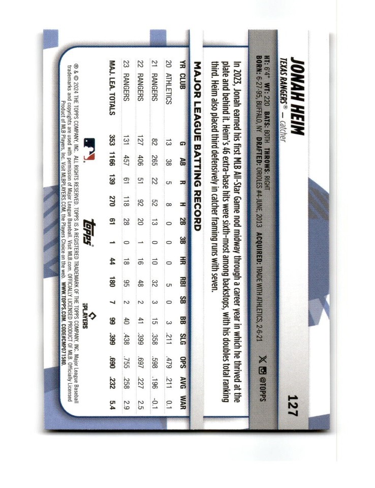 2024 Topps Big League Jonah Heim Baseball Card 127 Texas Rangers eBay