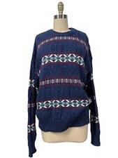 Vtg 90s Chunky Sweater Knit Colorful Grandpa Dad Pullover Crewneck USA SZ L