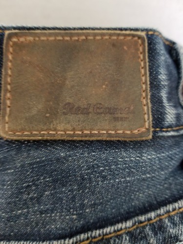 Mens Red Camel Jeans Distressed Flap Back Pockets Red Accent Button Holes 32×32 - Picture 3 of 13