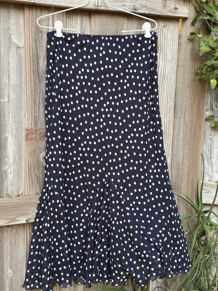 Chadwick’s Maxi Skirt Petite 14 Navy Blue White Polka Dots Lined Semi Sheer - Image 2 of 4