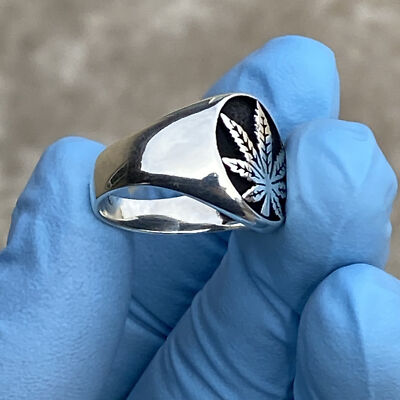 Men's Solid 925 Sterling Silver Ring - Horseshoe Design With Marijuana Leaf & CZ Stones - View #9