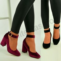 Womens Block Heel Pumps Ladies Ankle Strap Buckle Court Shoes Size Uk 3-8 Womens Block Heel Pumps Ladies Ankle Strap Buckle Court Shoes Size Uk 3-8