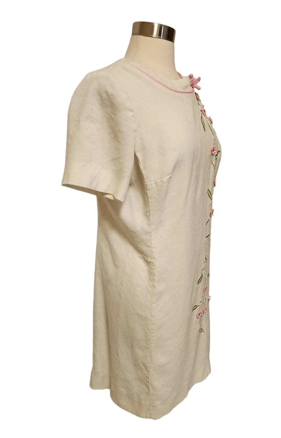 OFF WHITE Abito donna vintage anni 50 60 tubino ricamato fiori bianco sporco