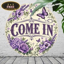 Purple Roses and Butterflies Welcome Metal Sign Floral Decor 8x8