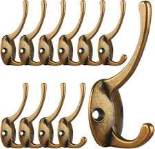 12 Pack Antique Brass Double Coat Hooks Wall Mounted with Screws 35lb