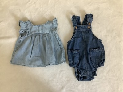 GAP Baby Girls Lot Of 2 Overalls Dress Denim Jumper Sz 3 6 Months EUC Blue Jeans