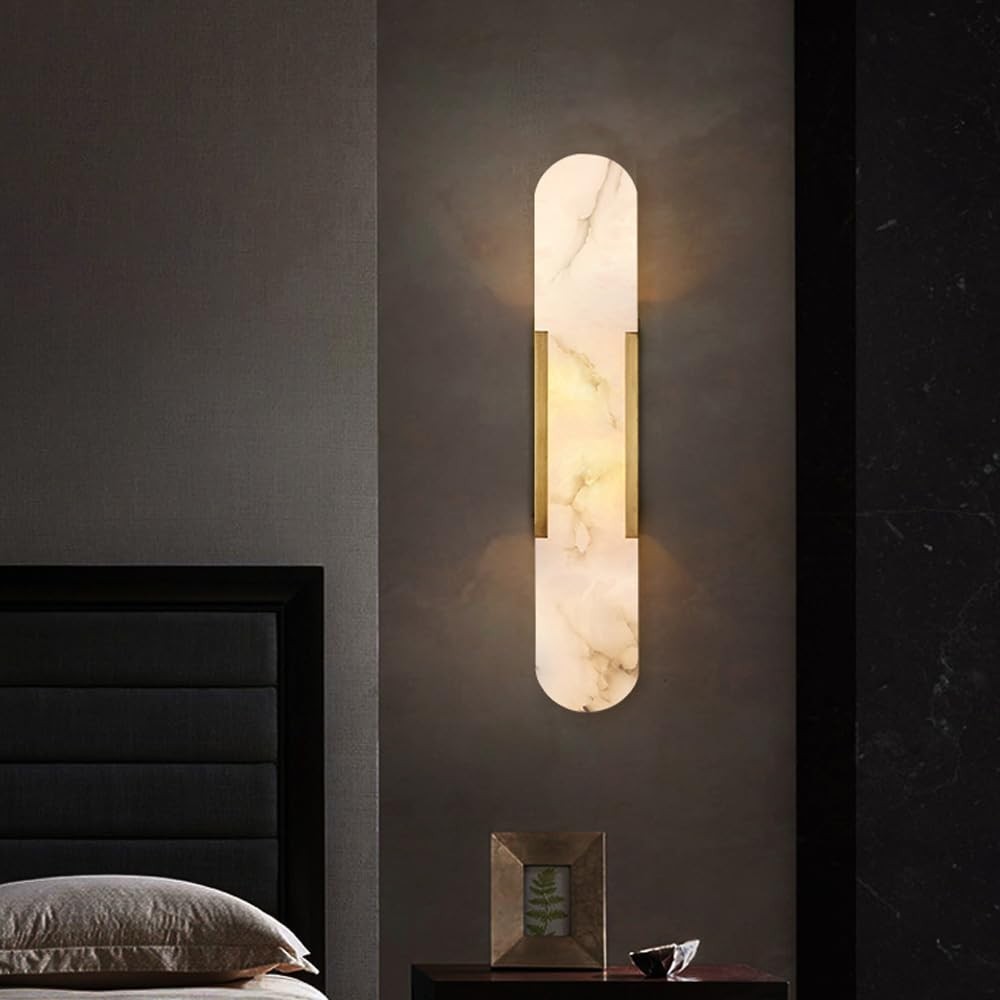 Alabaster Wall Sconce – Natural Calacatta Marble Tone, White Glass Shade, G4 Socket Max 40W, Art Deco Indoor Lighting