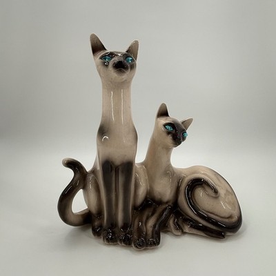 Vintage 50s Siamese Cats Lane & Co Van Nuys CA Ceramic Blue Eyes TV Lamp Works
