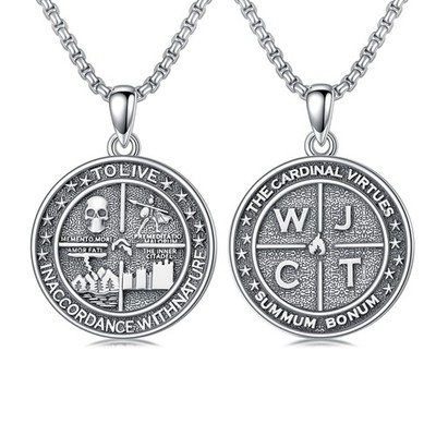 Memento Mori Necklace 925 Sterling Silver Amor Fati Stoic Four Virtues Neckla...