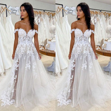 Beach Boho Wedding Dresses with Slit Off Shoulder White Ivory Bridal Gowns