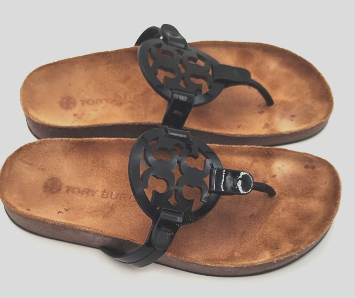 Tory Burch Miller Cloud Black Patent Sandals Slides Thong Cork Women’s 6 thumbnail 2