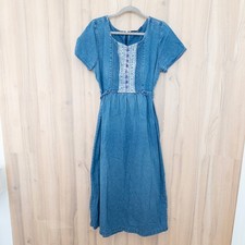 VTG 90s Denim Midi Dress Size M Short Sleeve Belted Button Front Cottage Prairie