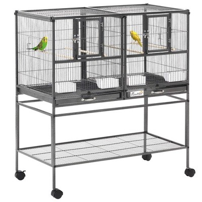 PawHut Doppel Rollbarer Metall Vogelkäfig Papageienkäfig mit herausnehmbarem Metalltablett, Sto