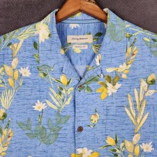 Tommy Bahama Camp Shirt Mens XL Blue Floral Silk Cotton Original Fit Button Down
