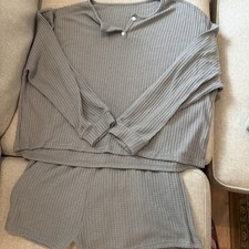 Waffle Knit Pajama Set 2-Piece, Size Xl Gray Women  s Long Sleeve With Shorts Btw