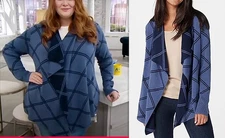 H by Halston Double-Faced Plaid Open- Front Long- Sleeve Cardigan Stone Blue 2X