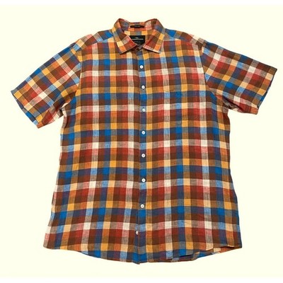 Rodd & Gunn Linen Shirt Plaid Button Front L Woven in Italy Short Sleeve