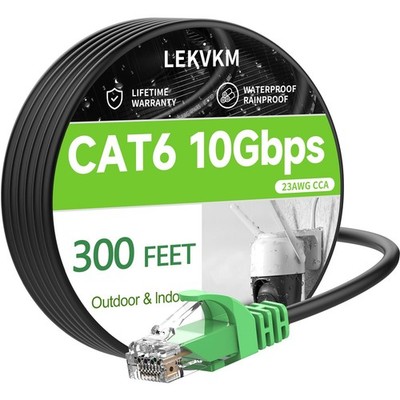 Cat 6 Ethernet Cable 300 ft, 23AWG Solid CCA Copper-Clad Aluminum, PE Waterpr...