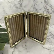 Vintage 90s Brass Small Double Picture Frame Beveled Folding Hinged Metal Decor