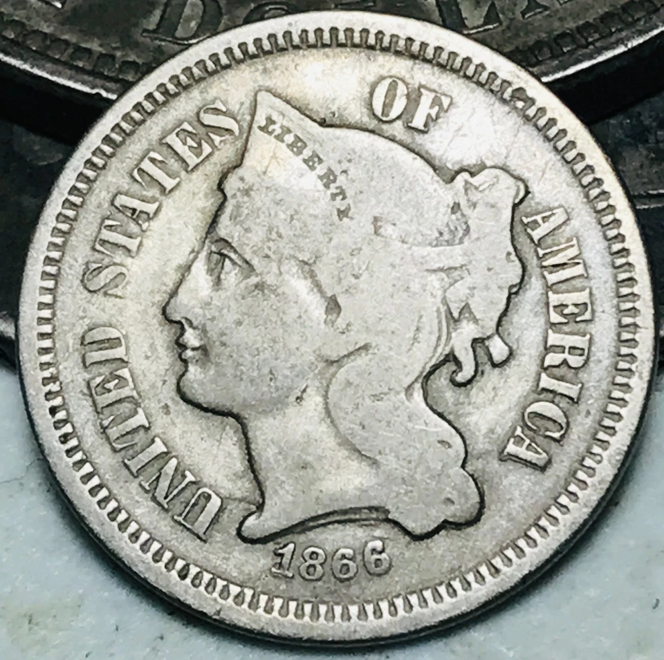 1866 Three Cent Nickel Piece 3C Ungraded Choice Civil War Era US Coin CC27820 - Image 2 of 4