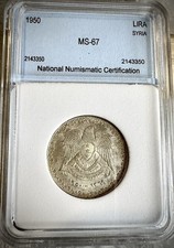 1950 Syrian, 1 Lira, Silver, Higher Grade Example In Slab.