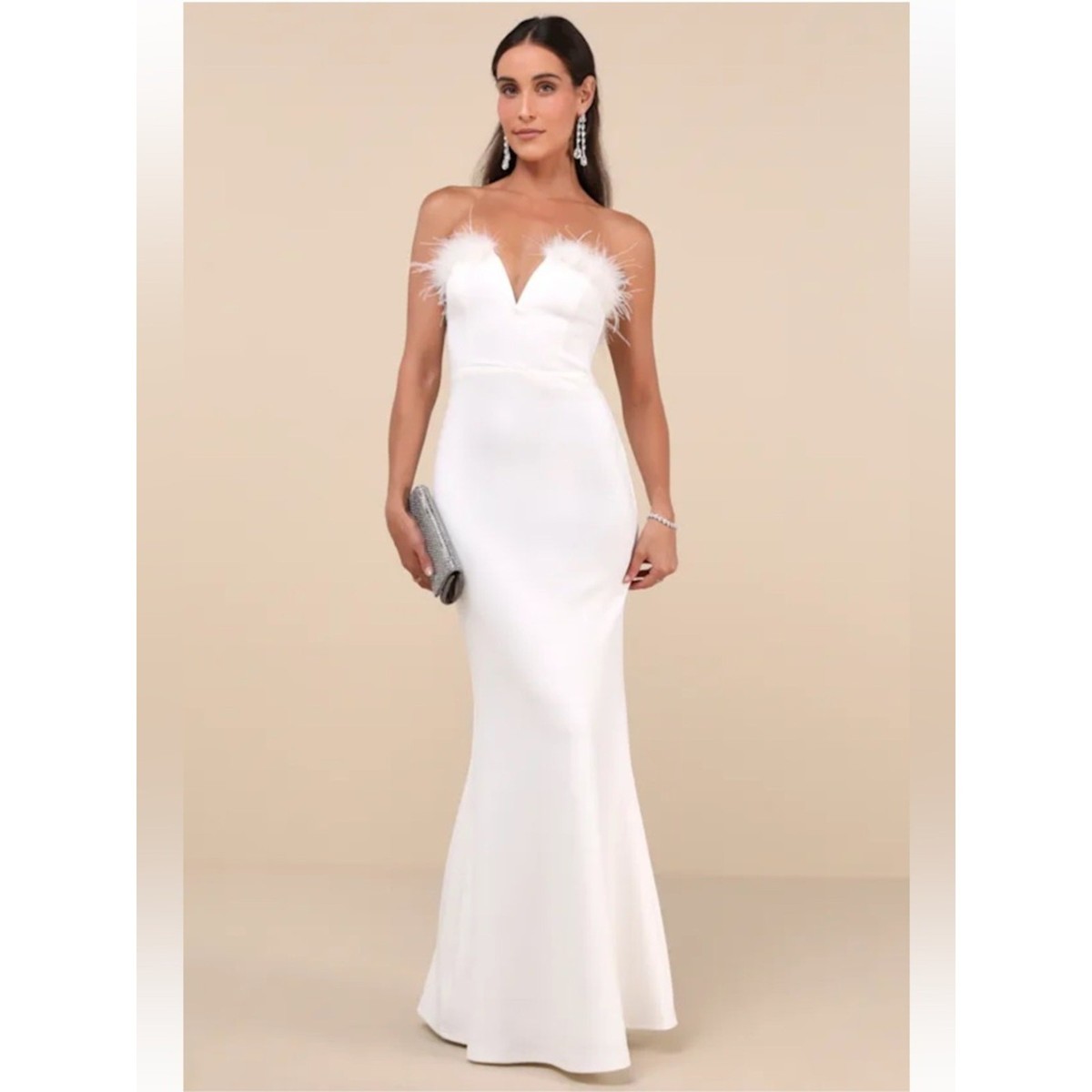 Lulus Extraordinary Glam White Feather Strapless Mermaid Maxi Dress Size XS  New! | eBay