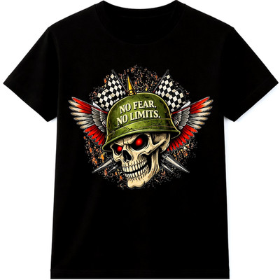 Skull Biker T Shirt No Fear No Limits Winged Helmet Racing Flags Graphic Tee