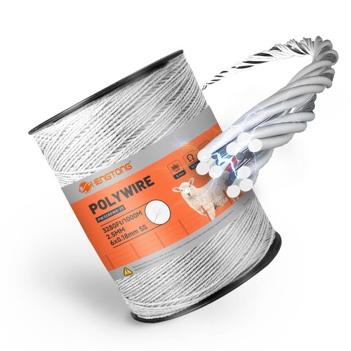Electric Fence Polywire 3280ft (1000m), 6-Strand Stainless Steel Conductors, ...