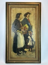 Vintage European Market Scene Oil Painting – Signed – Mid-Century Art