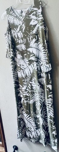 CHICOS SLEEVELESS OLIVE GREEN/WHITE PALM LEAF TROPICAL MAXI SIZE M(8) - Picture 4 of 7