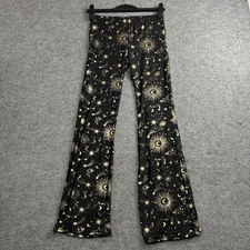 Noisy May Pants Womens Medium Black Gold Foil Mesh Flare, Celestial Star Moon