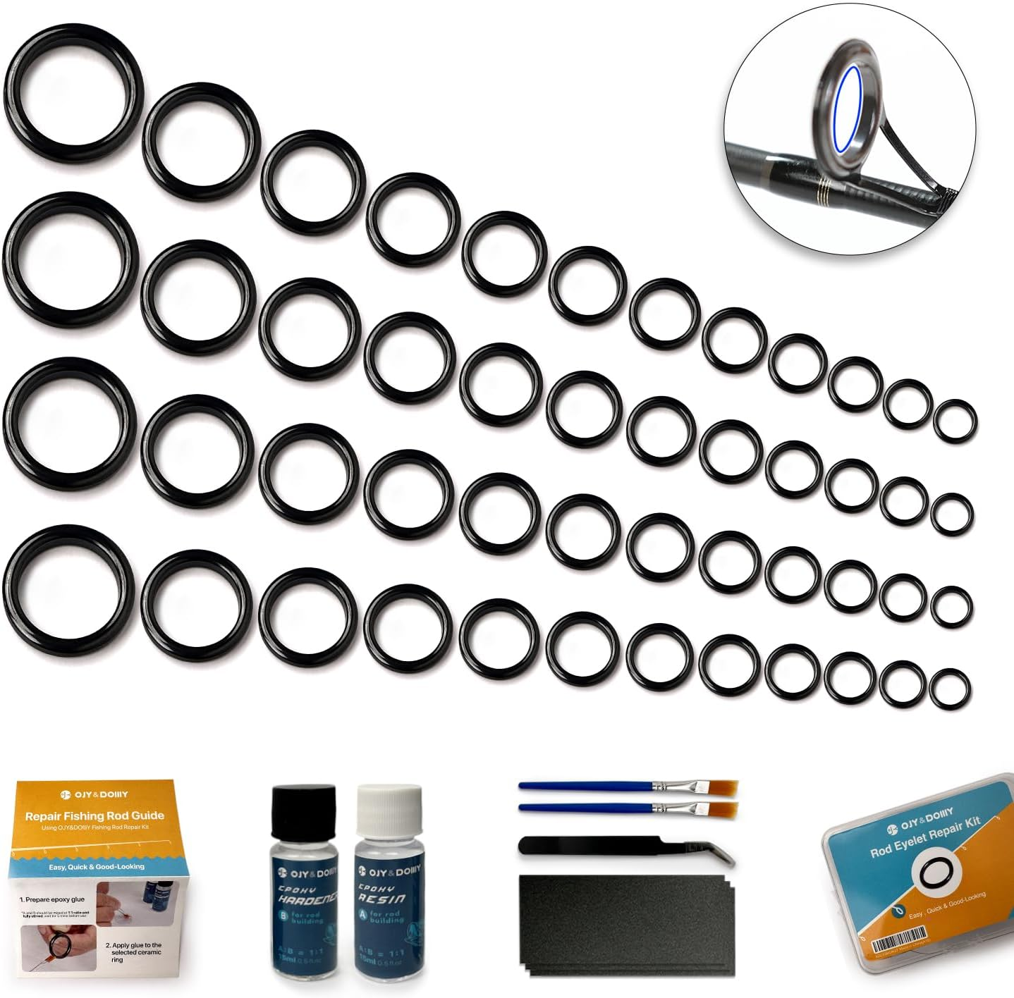 Fishing Rod Repair Kit 52 Ceramic Eyelet Inserts Replacement Kit with
