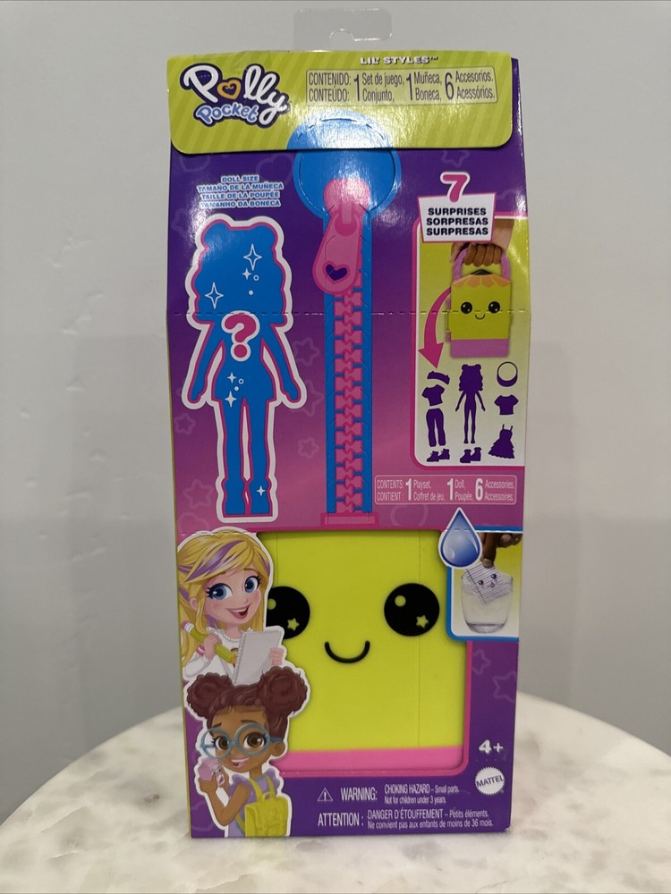 Polly Pocket Lil' Styles 7 Surprises Yellow Case Playset Doll Accessories NEW!
