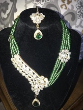 Indian Green Beaded and White Stone Necklace With Matching Dangling Tikka.