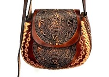 Vintage Hand Tooled Brown Leather Aztec Calendar Bag Crossbody Handmade Mexican