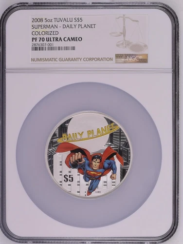 2008 Tuvalu Silver $5 - Superman - Daily Planet - PF 70 UC - NGC Coin - POP=2 !!